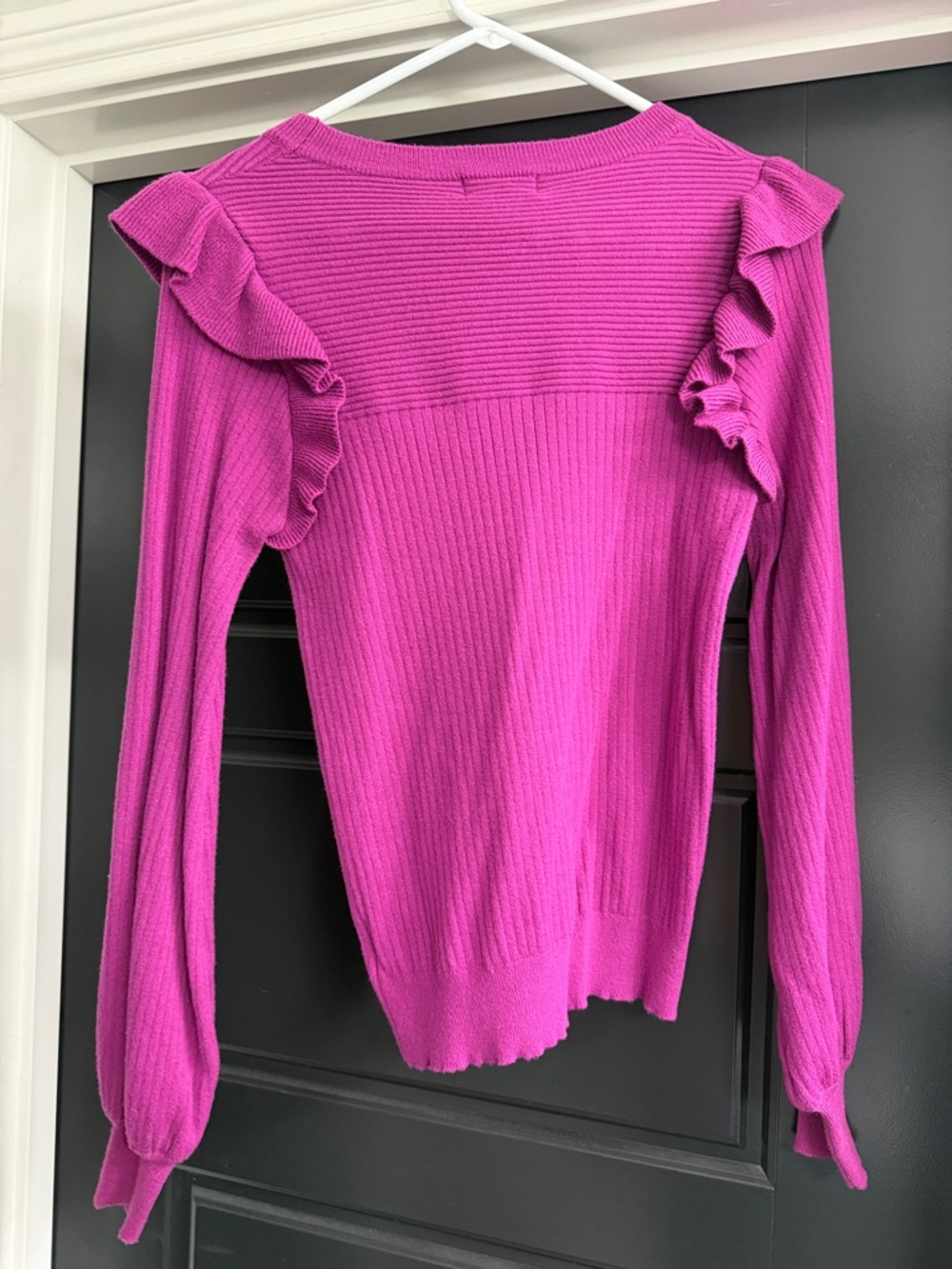 &merci Fuchsia Ruffle-Shoulder Ribbed Long-Sleeve Top - Picture 3 of 3